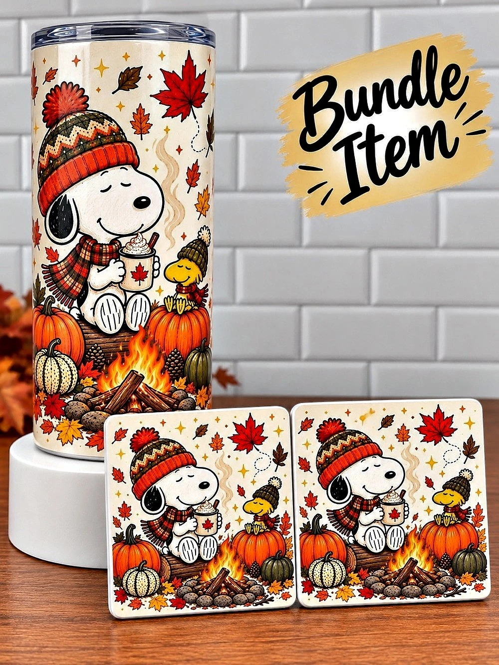 Fall Snoopy Tumbler Set with Coasters